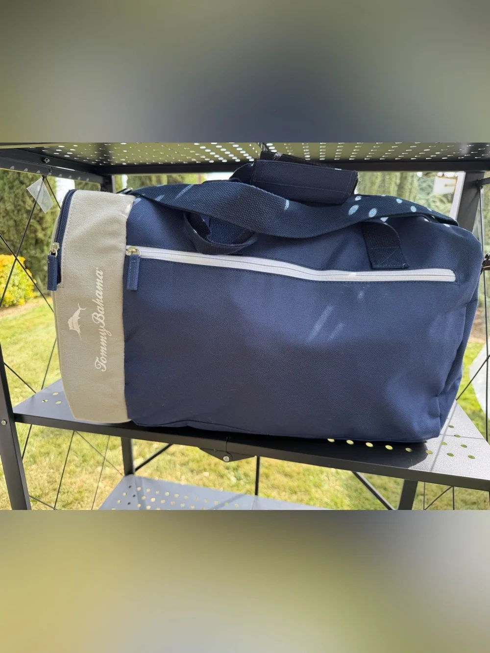Tommy Bahama Navy and Gray Duffel with Shoulder Strap